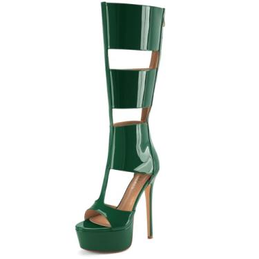 Imagem de Perisis Sandálias gladiadoras plataforma até o joelho para mulheres sexy aberto peep toe salto alto stiletto moda verão vestido festa dança botas com zíper, Patente verde, 41