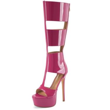 Imagem de Perisis Sandálias gladiadoras plataforma até o joelho para mulheres sexy aberto peep toe salto alto stiletto moda verão vestido festa dança botas com zíper, Patente rosa choque, 42