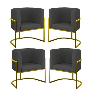 Imagem de Kit 04 Poltronas Lua Sala Decorativa Base Ferro Gold Corino Cinza