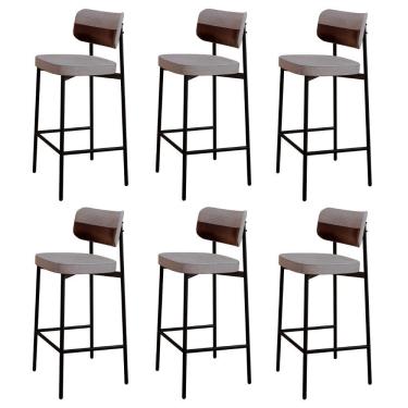 Imagem de Banqueta Alta Bar Estofada Kit 6 Ella M25 Linho Cinza Cl/café - Mpozenato