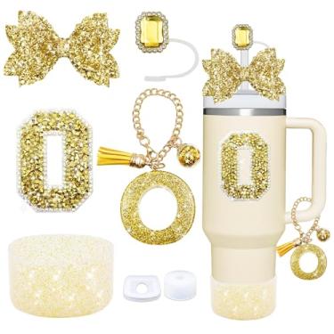 Imagem de Conjunto de acessórios de copo dourado de 7 peças para Stanley Cup 850 g/1,134 g, inclui tampa de canudo de joias, tampa à prova de derramamento, decorações de iniciais, pingente de alça, bota de