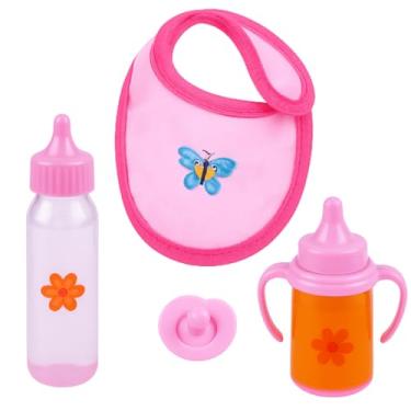 Imagem de Kit Mamadeira Mágica Infantil, 4 Peças, Conjunto com Mamadeira, Copinho, Chupeta e Babador Rosa com Borboleta, Brinquedo para Boneca