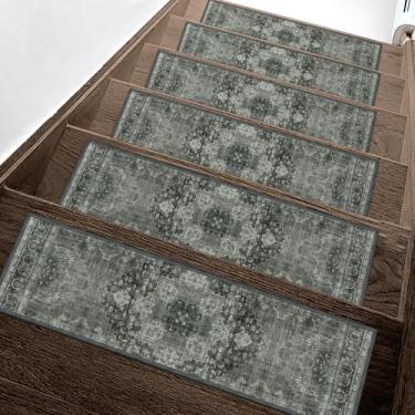 Imagem de Escadas antiderrapantes para degraus de madeira 15 peças - tapete de segurança interno de 20,3 x 76,2 cm, tapetes de borda com adesivo TPE, tapetes de escada adequados para animais de estimação e