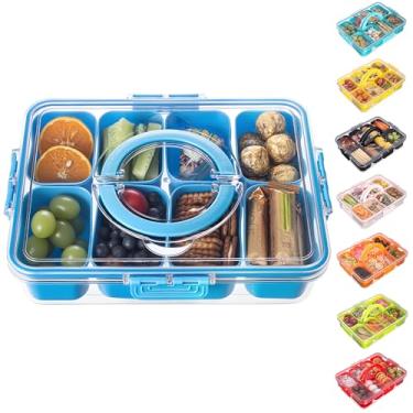 Imagem de Bandeja de servir dividida com tampa e alça – recipiente de charcutaria para lanche portátil organizador de pratos para doces, frutas, nozes, lanches – perfeita para festas, entretenimento, cerúleos