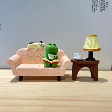 Imagem de Dylayos Miniature Reading Frog and Cat Figurine Set, Pink Sofa with Table Lamp, 3 Pieces, Desk Shelf Decor, Funny Gifts for Frog and Cat Lovers