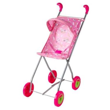 Imagem de Carrinho de Boneca Semi Luxo, Rosa com Estampa de Unicórnio, Estrutura em Metal, Rodas Grandes Rosa e Verde, para Passeio de Bonecas