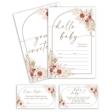 Imagem de FTRZX Cartões de convite de chá de bebê floral Boho, conjunto de 25 cartões de sorteio de fraldas, cartões de livro com envelopes, convites de festa de revelação de gênero para bebê, decorações de