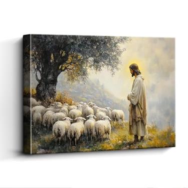 Imagem de WOXZQ Arte de parede de Jesus, pastor com rebanho, decoração de parede de bom pastor, impressão em tela laminada sem moldura, pôster cristão, para presente de escola dominical, 38 x 30 cm