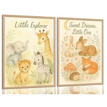 Imagem de 2 peças de arte de parede de berçário de animais da floresta lindas impressões em tela para crianças sala de aula boho animais da floresta pôsteres leão raposa veado coelho imagens de decoração de