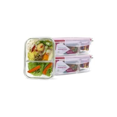 Imagem de Pote Retangular Hermético com Divisória, Vidro Borossilicato, Tampa Azul, 1040ml, para Alimentos, Compatível com Micro-ondas e Freezer, 7x15x20cm