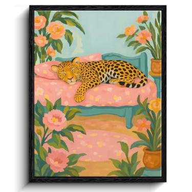 Imagem de Arte de parede de leopardo adormecido, cena de leopardo adormecido, decoração de parede caprichosa, impressão em tela emoldurada com acabamento fosco, arte de pôster infantil, para presente de quarto