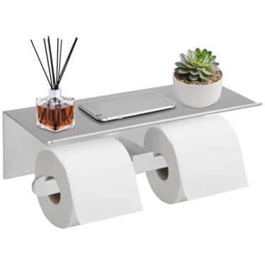 Imagem de Suporte duplo de papel higiênico com prateleira, gancho de rolo de papel higiênico de alumínio, montagem na parede, broca ou instalação autoadesiva