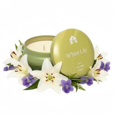 Imagem de Vela perfumada Bluecorn Aromática em lata, lírio, folhagem e aroma violeta, cera de coco vegana, queima limpa e vela de longa duração, decoração de quarto, presentes de Natal para mulheres e homens