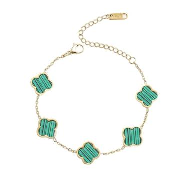 Imagem de Pulseira feminina delicada de trevo de quatro folhas, banhado a ouro 18K, aço inoxidável, pingente da sorte, pulseira de corrente ajustável para boa sorte (corrente dourada verde)