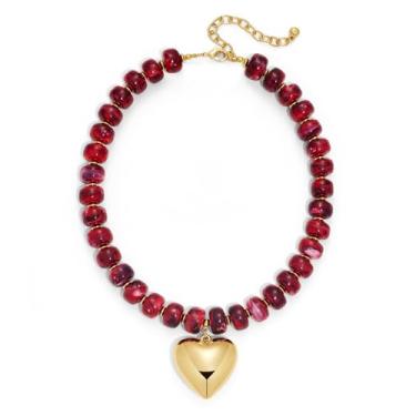 Imagem de ENSKEFEN Colar de corrente de contas de acrílico vermelho vinho com pingente de coração de ouro grosso para mulheres, elegante e ousado, joia moderna