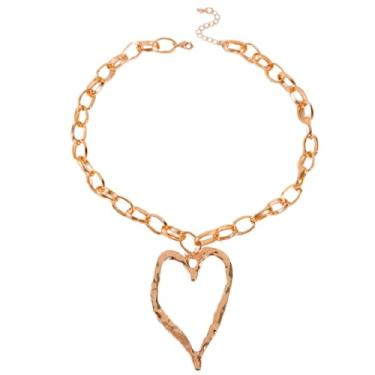 Imagem de Y2K Colar de coração grande com contas de pérolas de imitação longa, colar com pingente de coração de ouro grosso, joia moderna para mulheres, 16in, Zinco, Sem Pedra Preciosa