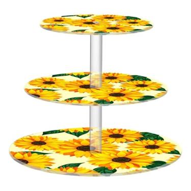 Imagem de CEBUGI Suporte de cupcake de 3 camadas, girassóis, folhas de girassóis, suporte redondo para bolo, bandeja de servir em camadas de acrílico para festas de chá, chá de bebê, casamento e mais