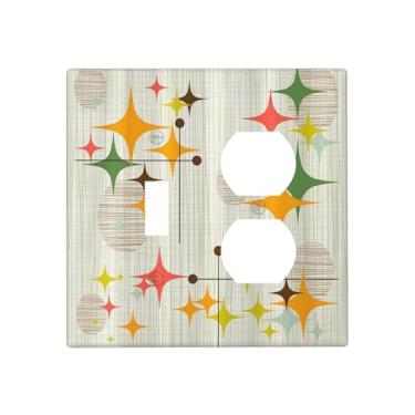 Imagem de Wmhusu Placa de cobertura de interruptor de luz de meados do século moderno retrô estrelas, 2 gangs, placas decorativas para interruptor, 1 conjunto duplex de interruptor de tomada, placas de parede