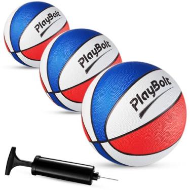 Imagem de Mini bolas de basquete tamanho 3 (pacote com 3) - Bolas de basquete juvenis de borracha premium vermelhas, brancas e azuis de 17 cm com bomba manual para crianças, aros internos sobre a porta