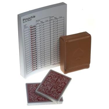 Imagem de Hickoryville Pinochle Card Game Set with Score Pad, Playing Cards & Leather Case | Complete Pinochle Kit with 48-Card Deck, 100-Sheet Score Sheets & Storage Case for Card Players