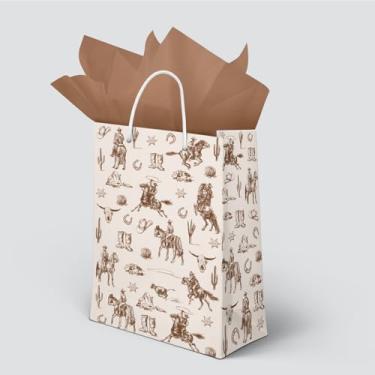 Imagem de JarThenaAMCS 24 peças de sacos de cowboy ocidentais com papel de seda marrom selvagem oeste rodeio cavalo saco de presente com alça sacos de guloseimas doces para aniversário chá de bebê festa