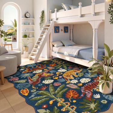 Imagem de LEEVAN Tapetes de área de animais, lavável, azul, tigre, sala de estar, antiderrapante, tapete de quarto de tigre, recortado, tapete para quarto de bebê, leopardo, estampa de folhas de selva, tapete