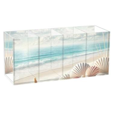 Imagem de TSENQUE Porta-canetas de mesa personalizado com estampa animal, arte à beira-mar, concha, estrela-do-mar, praia, escritório, copos de acrílico, organizador de papelaria