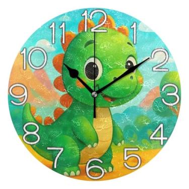 Imagem de Relógio de parede analógico decorativo operado por bateria relógio de cozinha rústico, arte de parede boho decoração de casa bonito desenho animado dinossauro verde, 25 cm, ponteiros pretos