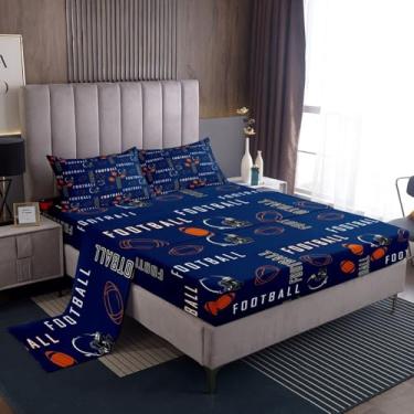 Imagem de jejeloiu Jogo de lençol solteiro de futebol americano Denver, decoração de futebol americano, cidade de futebol americano, 40,6 cm, azul, laranja, macio, para decoração de quarto de esportes