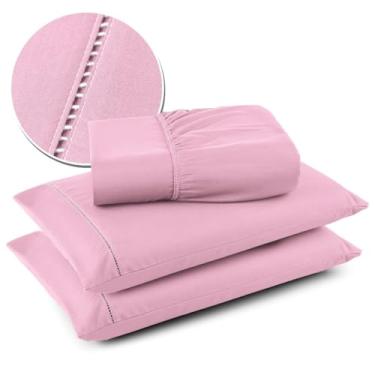 Imagem de Conjuntos de Roupas de Cama 3 peças Fronha Ponto Palito Tecido Macio (Rosa,Solteiro)