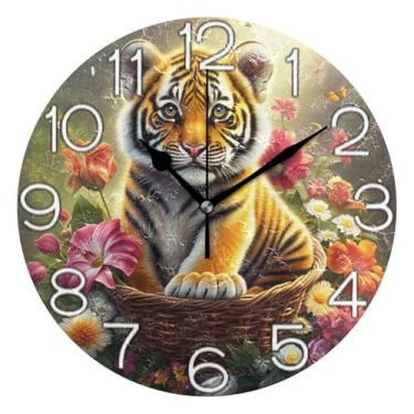 Imagem de GAIGEO Relógio de parede analógico decorativo operado por bateria relógio de sala de aula, sala de estar, decoração de parede moderna, tigre fofo colorido vívido, 25 cm, ponteiros dourados