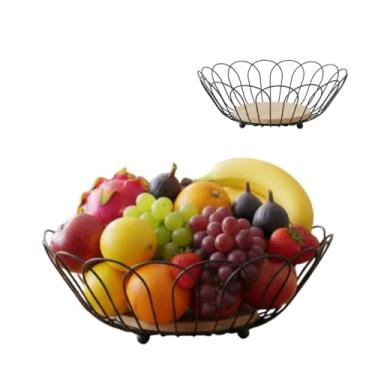Imagem de Fruteira Aramada Redonda Preta, Estilo Europeu, 28cm, Inox Base De Madeira e Antiderrapante