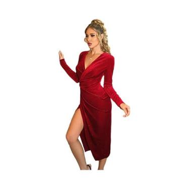 Imagem de Vestido De Noite De Veludo Dourado Com Manga Longa Sexy Com Abertura N