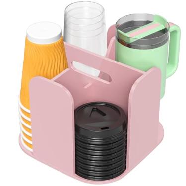 Imagem de Rulyyo Dispensador de copo de bancada com 4 compartimentos - copo e tampa de acrílico rosa carrossel acessórios de barra de café suporte giratório para copo de bebidas organizador de copos de papel