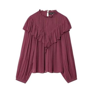 Imagem de Camisa Feminina De Chiffon Com Mangas Longas E Babados Em Burgundy, Mo