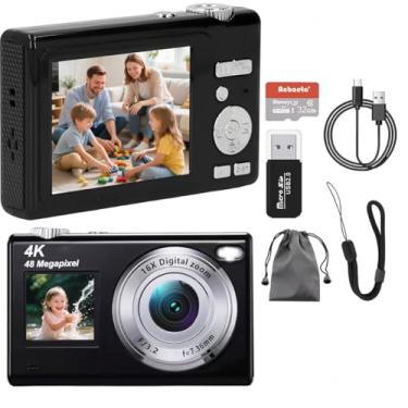 Imagem de Câmera Digital,Fotográfica 48MP 4K,Câmera Compacta para Vlogs com Tela Dupla, Cartão de 32 GB, Zoom Digital de 16x e Estabilizador de Imagem, Ideal para Iniciantes (Preto)