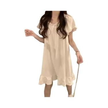 Imagem de Camisola Feminina Branca De Comprimento Médio, Pijama De Verão, Roupa 