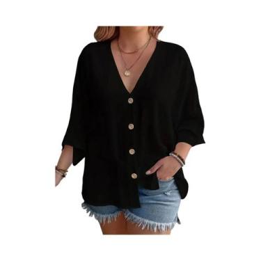 Imagem de Camiseta De Manga Longa Com Decote Em V plus Size Blusa Casual Solta F
