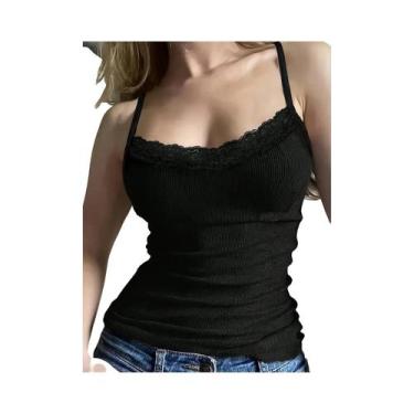 Imagem de Top De Renda Preto Para Mulheres, Camiseta Sexy De Cor Sólida Com Alça