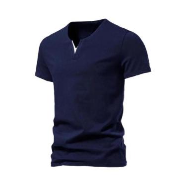 Imagem de Camisetas Casuais Masculinas Slim Fit Henley Com Decote Em V, Cores Só