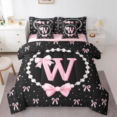 Imagem de Erosebridal Conjunto de edredom solteiro com laço rosa e inicial - conjunto de cama com monograma rosa e preto, 7 peças, para crianças, mulheres, lençol com elástico, lençol de cima, estética