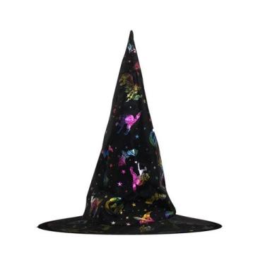 Imagem de Chapéu de bruxa em tecido preto com estampas holográficas coloridas 26