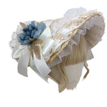 Imagem de Chapéu de palha estilo Lolita com renda, flor e laço - Yiweisai