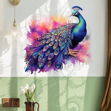 Imagem de Adesivo de parede colorido com design de pavão em PVC 30x60cm 2 folhas