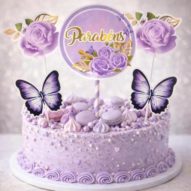 Imagem de Topo De Bolo Parabéns Flores Borboletas Enfeites Topper - Shop da Cris