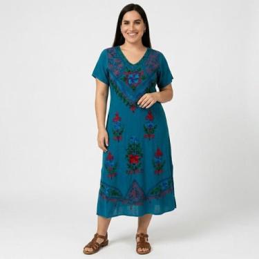 Imagem de Vestido Indiano Longo Manga Curta Liso bordado Colorido 1100 - - Sarat