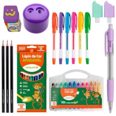 Imagem de Kit Material Escolar Giz De Cera Gel + Lapis de Cor + Marca Texto + Ca