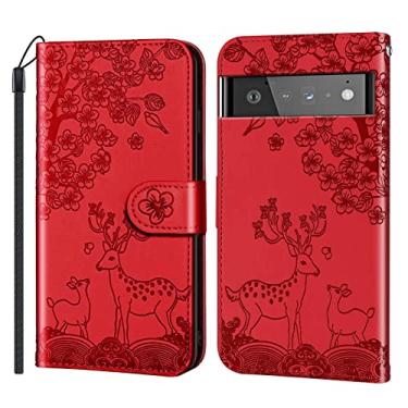 Imagem de Capa para Google Pixel 6/6 Pro, capa carteira de couro PU em relevo com compartimentos para cartões e suporte magnético para celular flip Folio Capa, vermelha, 15 cm