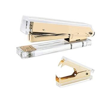 Imagem de Conjunto de remoção de grampos de grampeador de escritório, conjunto de remoção de grampos manual em tom dourado com impressão de mármore e ferramenta de remoção de grampos para acessórios de mesa, Clear & Gold