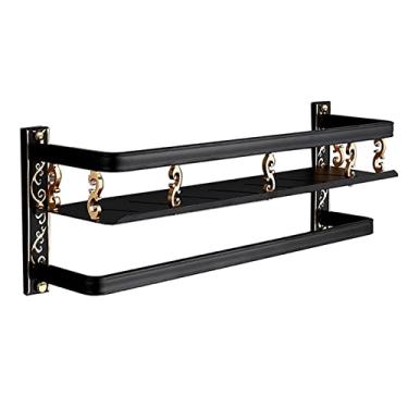 Imagem de KIZQYN Prateleira de banheiro retrô preta para banheiro, prateleira de banheiro multifuncional com barra de toalha de mão, toalheiro de alumínio para prateleiras de parede de banheiro